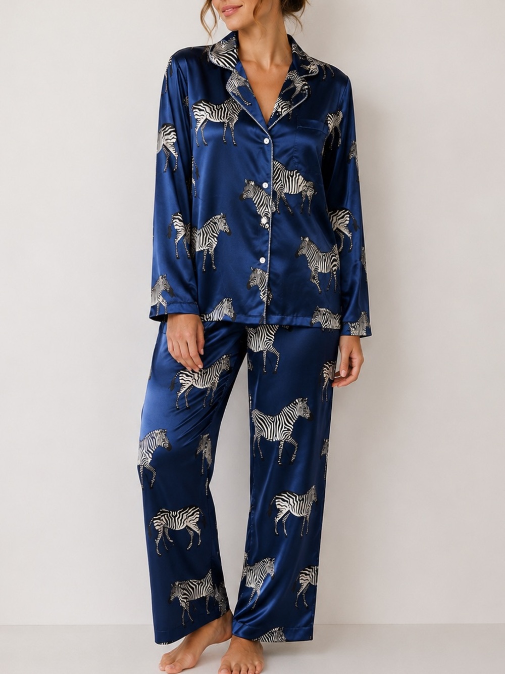 New Ekouaer Navy Blue Zebra Print Silky Satin Pajamas Soft PJ Set Long Sleeve S